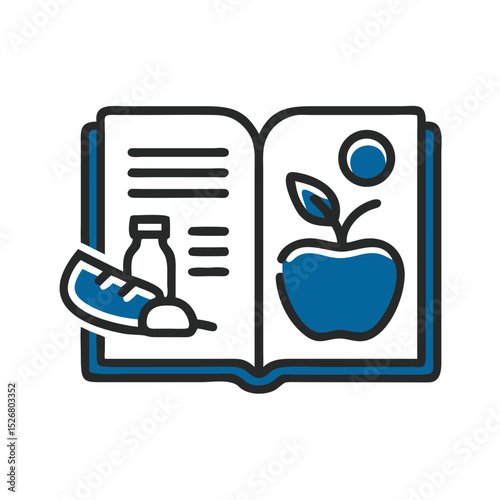 Healthy recipe icon with an open cookbook, apple, and milk bottle