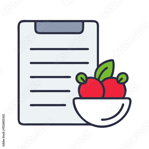 Healthy recipe icon with a clipboard and a bowl of red apples