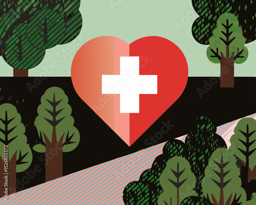 Heart care concept with a red heart and white medical cross surrounded by trees