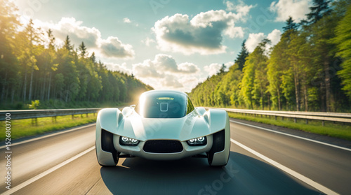 A sleek, white futuristic car is captured speeding down a highway on a sunny day.