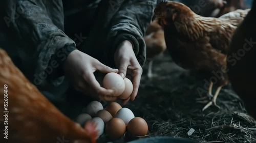 Adult Southeast Asian woman collecting eggs from chickens on a rural farm