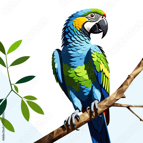 Blue and Gold Macaw Illustration-Stunning Parrot on Branch-Colorful Bird Art-Tropical Wildlife Image-Vibrant Plumage Detail-Exotic Bird on White Background