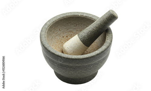 Close-up of stone mortar and pestle set for grinding spices and herbs isolated on a transparent background photo
