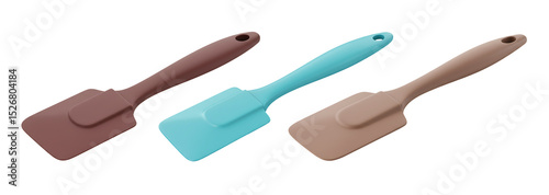 Colorful silicone spatula set with ergonomic handles for baking isolated on a transparent background. Kitchen spatulas for baking cooking and pastry tools