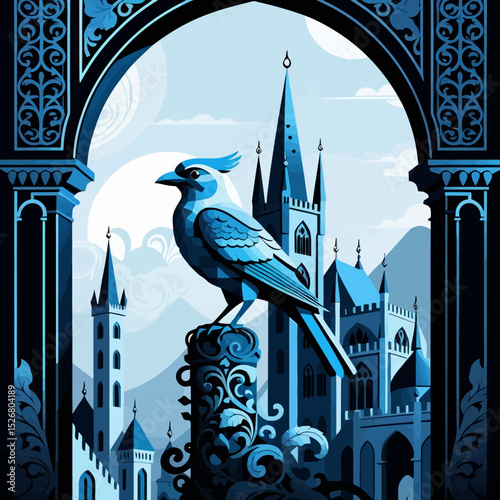 Blue Jay Perched-Fantasy Castle Backdrop-Ornate Archway Framing-Whimsical Bird Art-Blue Monochrome Artwork-Towering Spires and Clouds-Detailed Vector Illustration