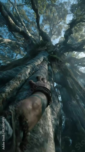Adult man climbing massive tree trunk in sunlit forest