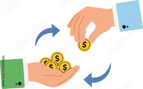 Hand exchanging gold coins with dollar symbols representing money transfer and financial transaction concept vector illustration 