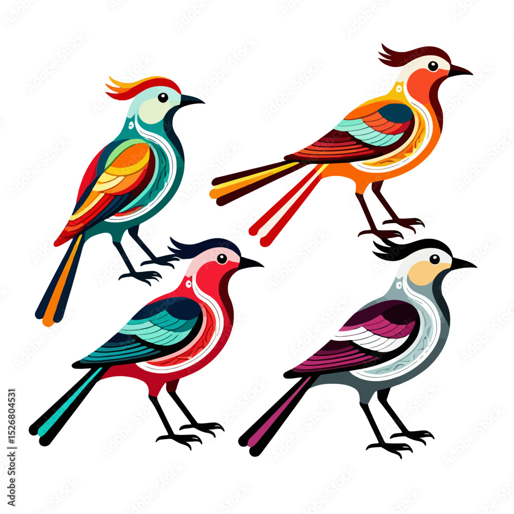 Fototapeta premium Colorful Bird Illustrations-Set of Four Unique Bird Designs-Vibrant Colors and Intricate Details-Perfect for Art Prints and Home Decor-Stylish Bird Clipart-Unique Art Illustration