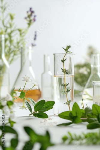 Fresh herbs in glass laboratory tubes and flowers, concept of natural organic cosmetic, pharmaceutical, and aromatherapy