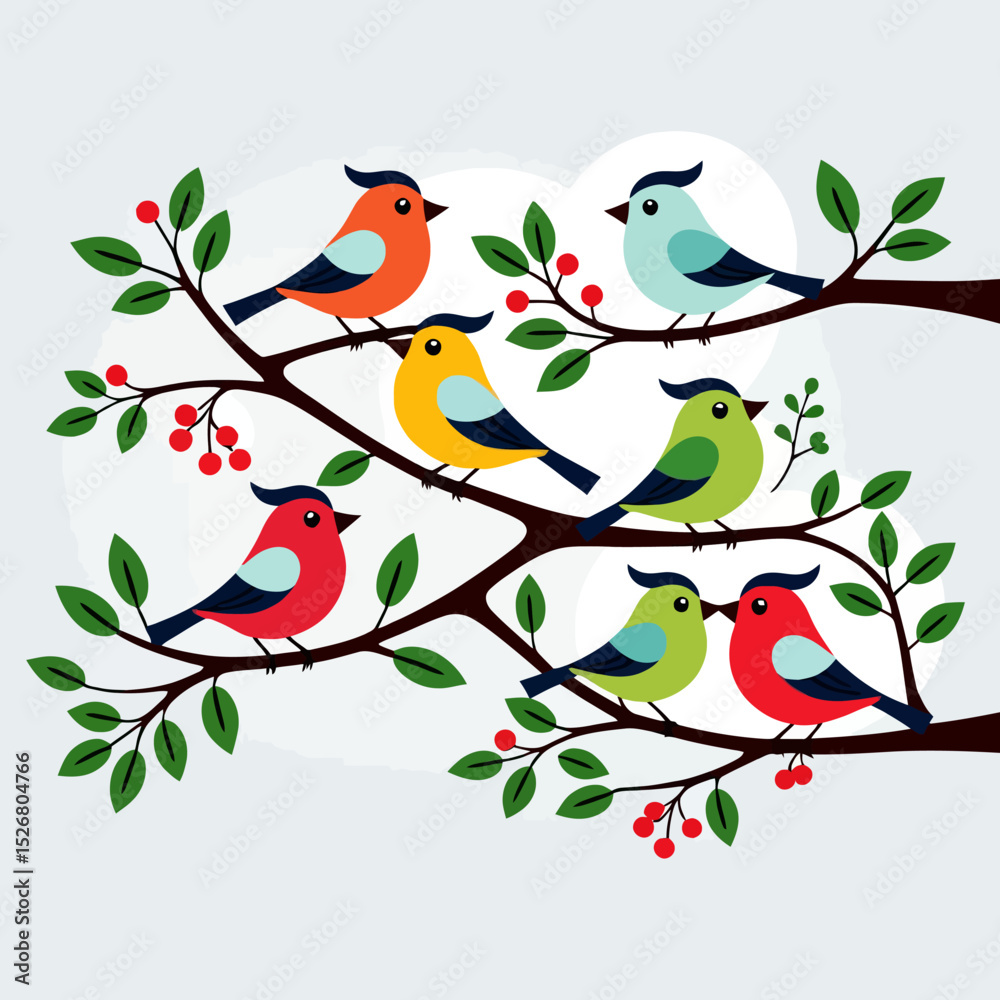Obraz premium Colorful Birds on Branch Illustration - Whimsical Bird Art Print - Nature Inspired Home Decor - Cute Bird Drawing for Kids - Bright and Cheerful Bird Image