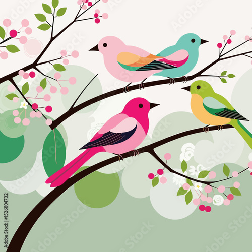 Colorful Birds on Blossoming Branches Art - Springtime Bird Illustration - Cute Bird Decor for Nursery - Cheerful Bird Wall Art - Whimsical Nature Scene