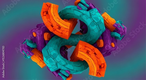 Abstract rendering features dynamic interplay of interlocking teal, orange, purple geometric forms.