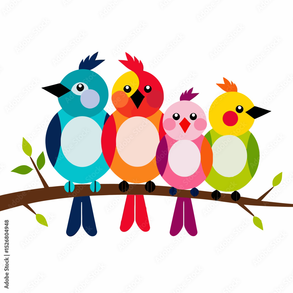 Fototapeta premium Colorful Cartoon Birds on Branch-Whimsical Bird Illustration-Cute Bird Clipart-Perfect for Children's Designs-Bright and Cheerful Bird Art-Nature Inspired Decor