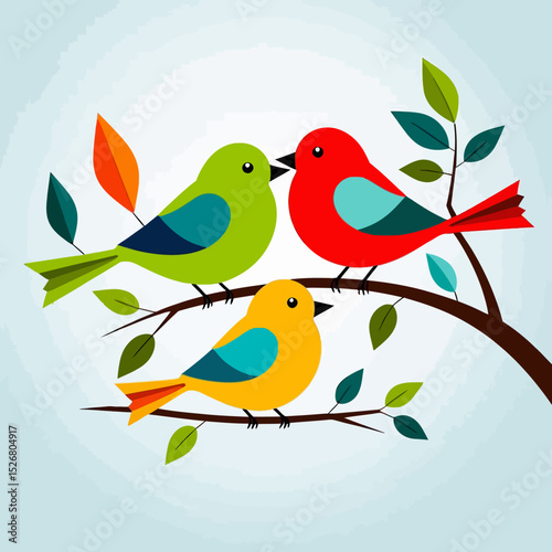 Colorful Cartoon Birds on Branch Illustration- Whimsical Bird Art for Kids Rooms- Playful Avian Design for Spring Decor- Cute Bird Vector for Nursery Art