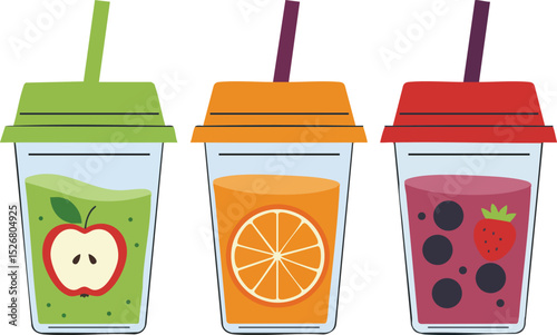 Fresh Fruit Smoothies with Apple Orange and Berry Flavors in Colorful Cups Vector Illustration