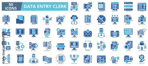 Data entry clerk icon collection set. Containing data, file, document, database, chart, cloud storage, task list, time management icon. Simple flat vector