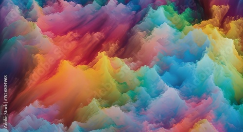 Abstract image presents textured, multi-colored mountain ranges in a whimsical, fantasy style vista
