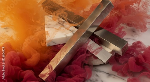 Abstract image showing modern metal and marble sculptures entwined with fluid red and orange smoke.