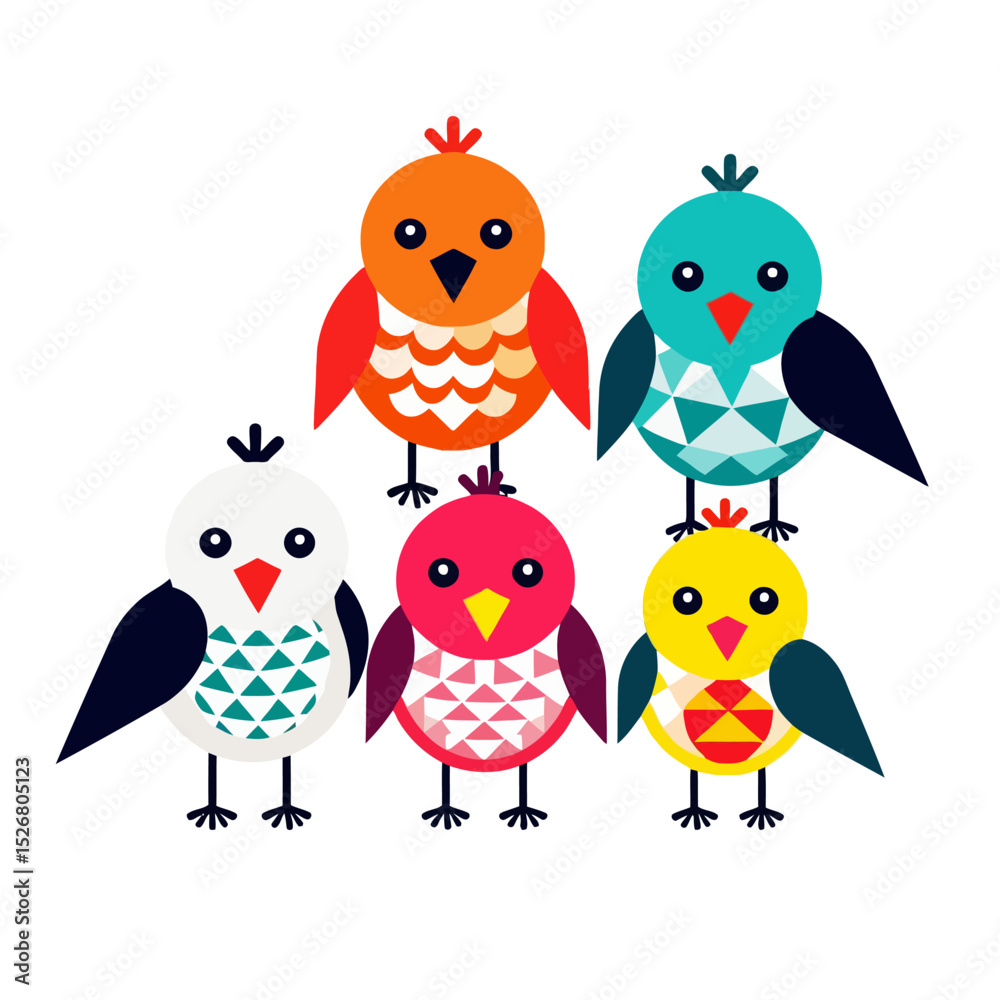 Obraz premium Colorful Geometric Bird Illustration-Whimsical Bird Art Print-Cute Bird Graphic Design-Modern Bird Motif-Bright and Cheerful Bird Pattern-Stylish Avian Decor
