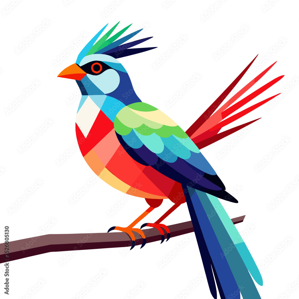 Fototapeta premium Colorful Geometric Bird Illustration-Modern Graphic Design-Abstract Bird Art-Unique Bird on Branch-Bright Bird Image-Digital Art Bird Design