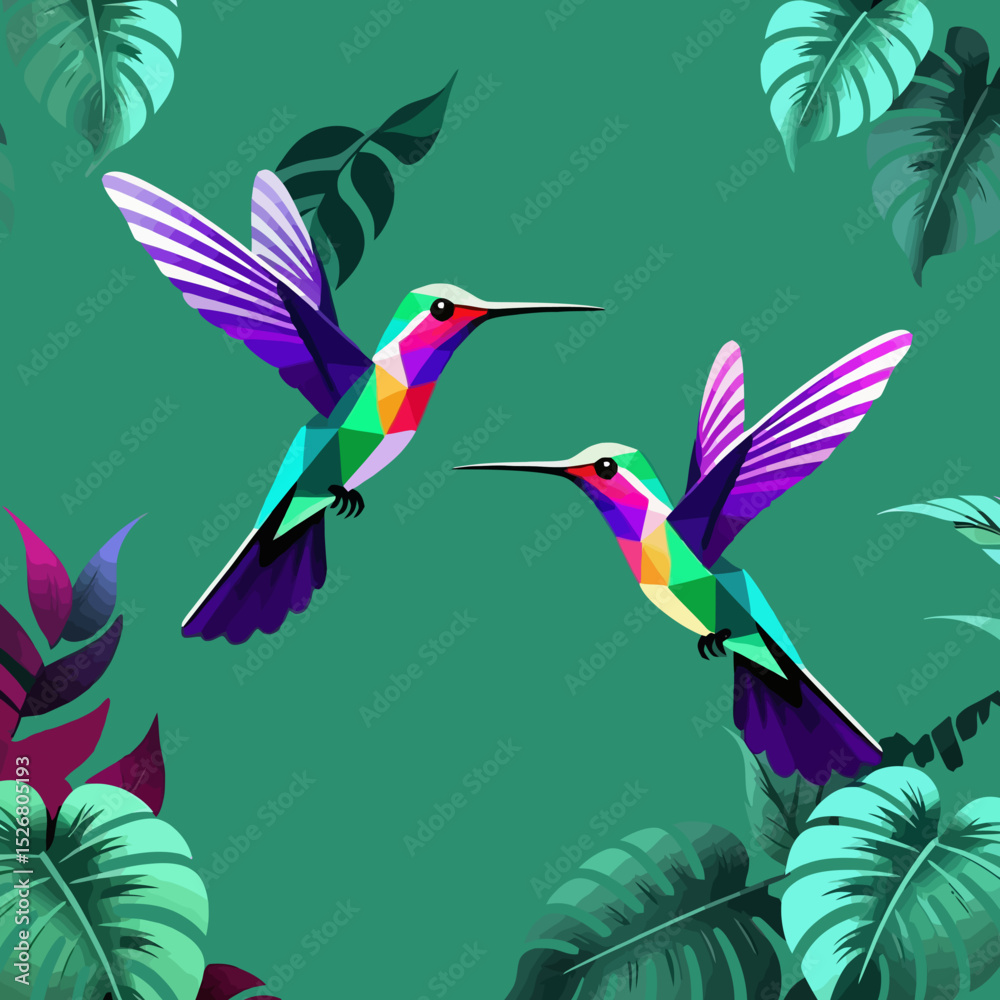Obraz premium Colorful Hummingbird Art - Geometric Bird Illustration with Tropical Leaves - Vibrant Bird Design for Nature Lovers - Modern Wall Art Decor - Teal Background