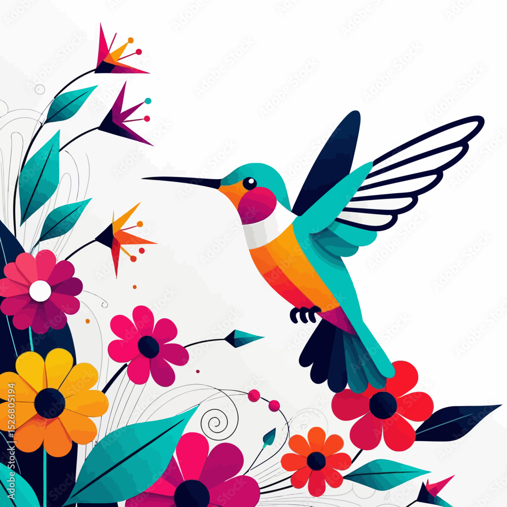 Obraz premium Colorful Hummingbird Vector Graphic with Flowers- Whimsical Bird Illustration for Spring- Bright Floral Design Featuring Hummingbird and Blooms- Vibrant Colors- Modern Art