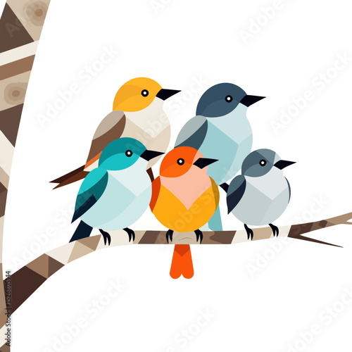 Colorful Geometric Birds on Branch- Modern Art Print- Bird Illustration- Children's Room Decor- Whimsical Bird Design- Nature Inspired Artwork