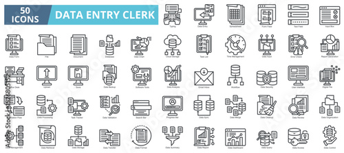Data entry clerk icon collection set. Containing data, file, document, database, chart, cloud storage, task list, time management icon. Simple outline vector