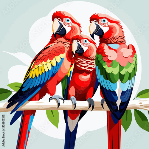 Colorful Macaws on a Branch-Vibrant Parrot Illustration-Tropical Bird Art-Exotic Bird Image-Bright and Cheerful Bird Design-Scarlet Macaw Family Portrait