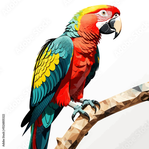Colorful Macaw Parrot Illustration-Vibrant Tropical Bird on Branch-Detailed Digital Art of Exotic Wildlife-Stunning Red Yellow Blue Plumage-Isolated on White Background