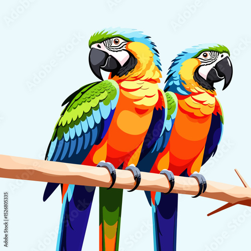 Colorful Macaw Parrots Illustration-Vibrant Tropical Birds on a Branch-Exotic Wildlife Art-Blue Green and Orange Plumage-Detailed Parrot Vector Design-Beautiful Bird Art