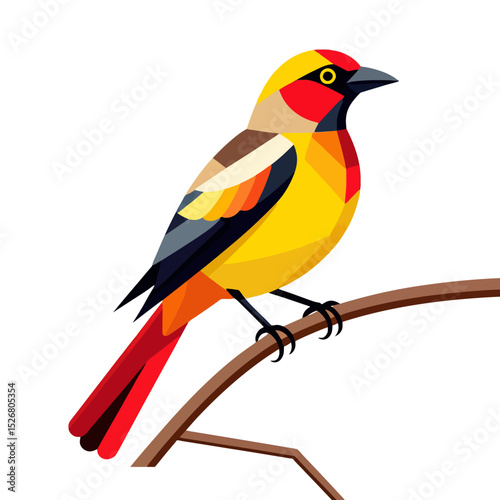 Colorful Oriole Bird Illustration-Geometric Bird Art on Branch-Modern Bird Design-Vibrant Yellow and Red Bird Image-Unique Bird Graphic-Nature Inspired Art