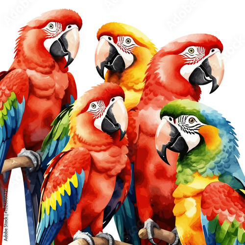 Colorful Watercolor Parrots on a Branch- Vibrant Scarlet Macaws and Friends- Tropical Bird Art- Exquisite Bird Illustration for Nature Enthusiasts