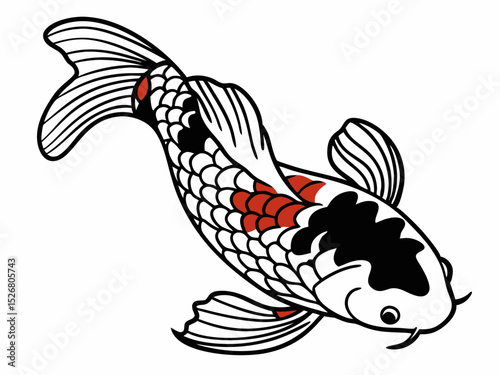Elegant Koi Fish Illustration Black, White, and Red Design