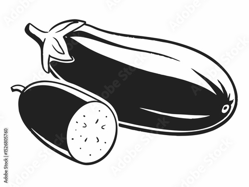 Eggplant Illustration Whole and Sliced Black and White Vegetable Drawing