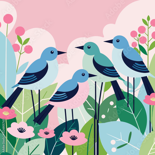 Cute Bird Illustration with Floral Elements-Colorful Spring Birds on Pastel Background-Whimsical Bird Art Print-Nature Inspired Design