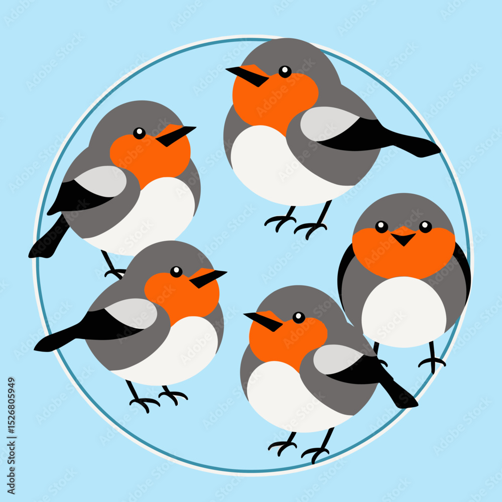 Fototapeta premium Cute Cartoon Robins Illustration - A Flock of Adorable Birds on Blue Background - Whimsical Bird Art for Kids and Nature Lovers
