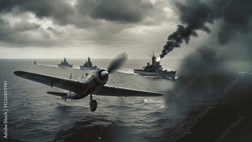 A dramatic aerial view of a naval battle, featuring a war plane and warships at sea. A dramatic aerial view of a naval battle, featuring a war plane and warships at sea.