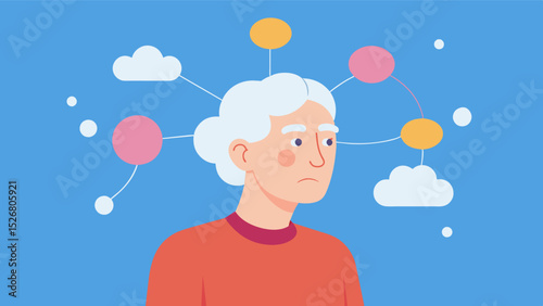 An aging individual struggling to create a mind map due to cognitive decline with incomplete and confused connections between their thoughts and ideas.. Vector illustration