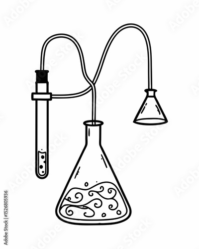 Hand-drawn illustration of a science experiment setup with flask, test tube, and connecting tubes
