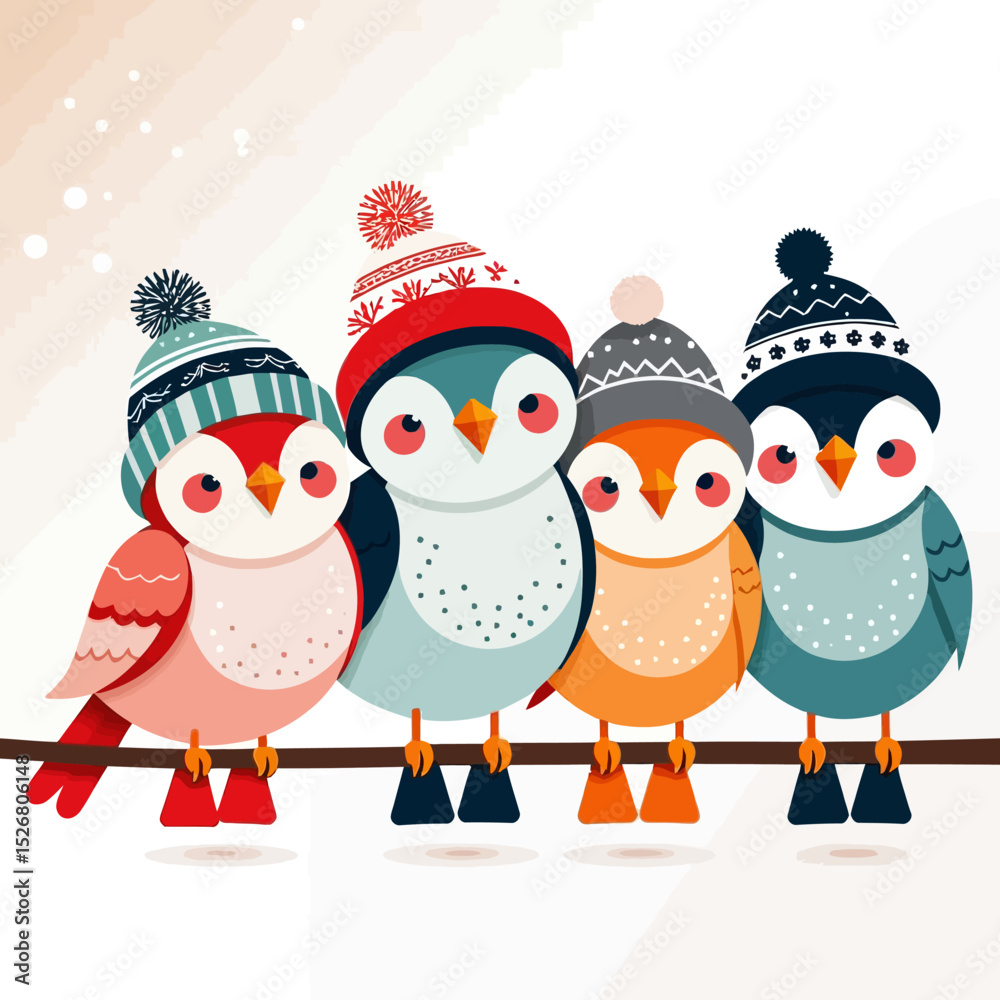 Obraz premium Cute Winter Birds with Hats-Colorful Bird Illustration-Festive Holiday Season-Adorable Bird Cartoon-Wintertime Fun-Cheerful Bird Art-Seasonal Design