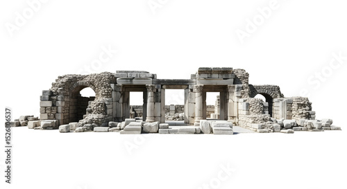 Extensive ancient Roman ruins with crumbling walls, arches, and remnants of a structure, on a transparent background
