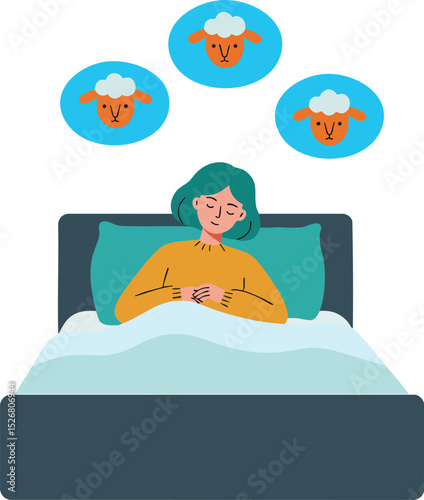 Person sleeping in bed with sheep counting for better sleep and relaxation vector illustration 