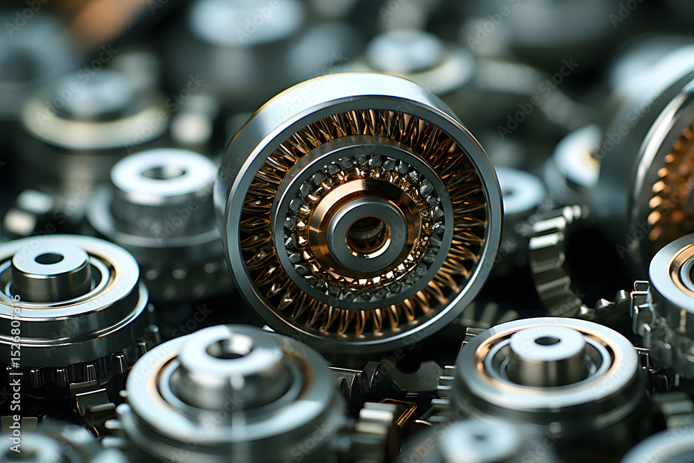 Fototapeta premium Intricate arrangement of metallic gears showcasing precision engineering and craftsmanship