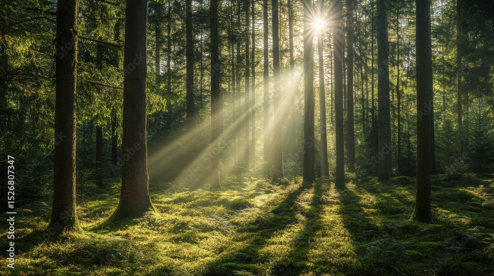 Fototapeta premium A photostock images of a forest with sunlight streaming through the trees