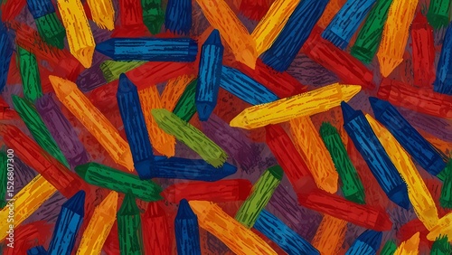 Vibrant Crayon Drawing with Multicolored Overlapping Strokes in Blue, Yellow, Red, Green, and Orange for Artistic Design