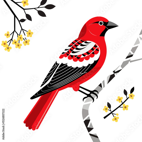 Scarlet Tanager Illustration-Vibrant Red Bird Art-Modern Graphic Design with Branch and Blossoms-Birdwatching and Nature Illustration-Perfect for Wall Decor
