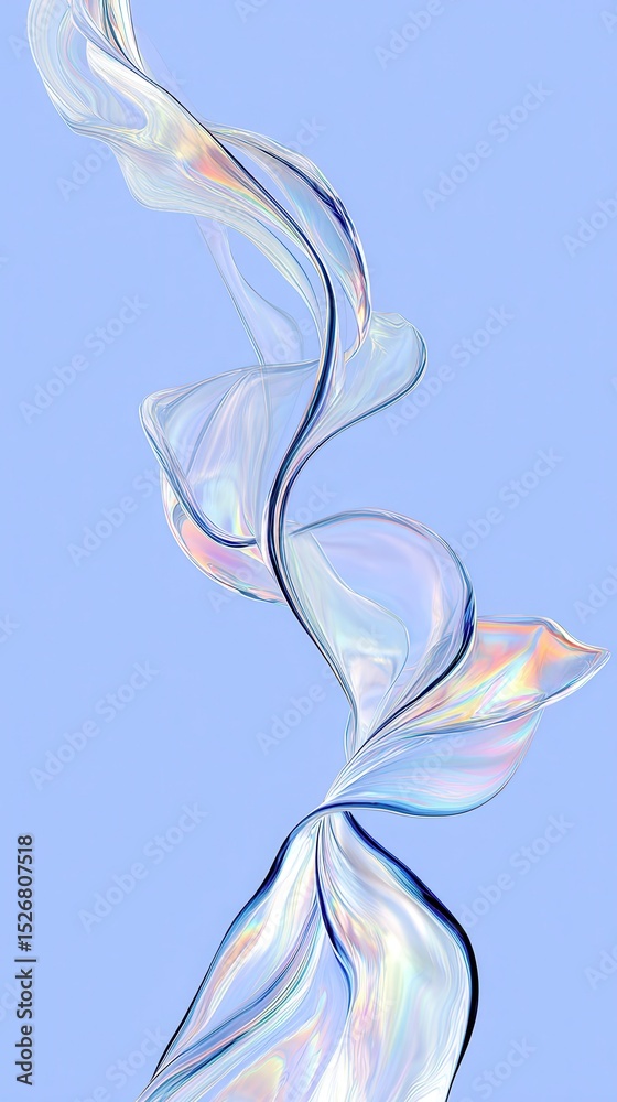 Obraz premium Iridescent ribbon swirling against soft blue background, creating mesmerizing color spectrum and graceful movement