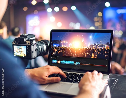 Person editing concert video on laptop