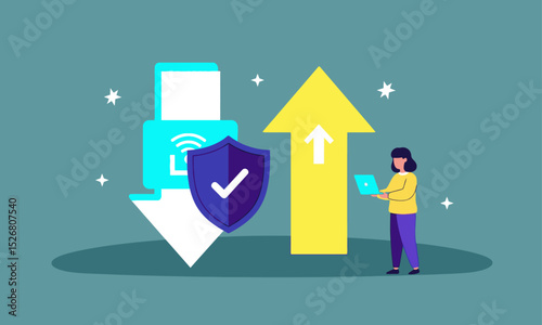 Secure Data Upload and Download.. Woman with laptop, up/down arrows, and secure Wi-Fi shield: secure data transfer and network protection.